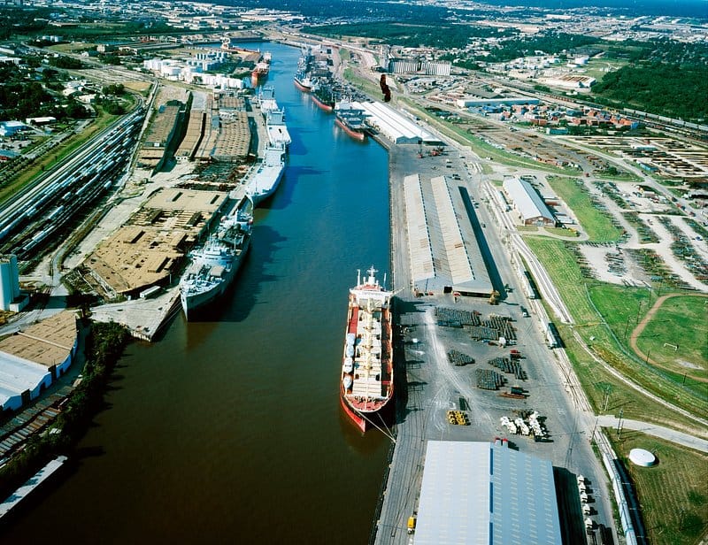 Aerial view of a major industrial port and waterway — SubCon serves New York Harbor and the Hudson River
