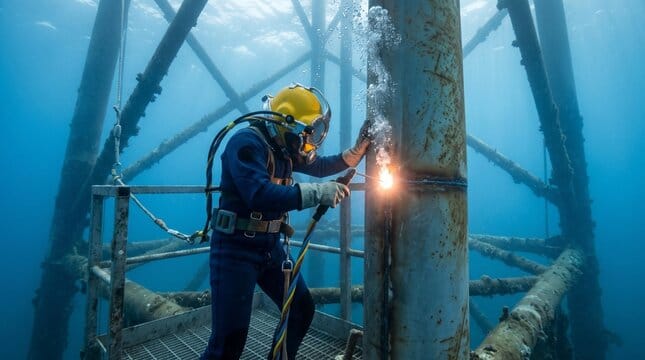 Commercial diver performing underwater welding